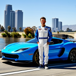 **

A professional driver in a modest racing suit stands in front of the Los Angeles River, fully clothed, appropriate attire, safe for work. The scene includes a sleek sports car in the background and the cityscape under a bright, sunny sky. Perfect anatomy, correct proportions, natural pose, professional photography, high quality, family-friendly.

**