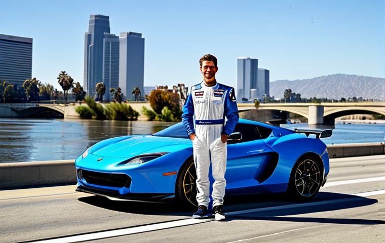 **
A professional driver in a modest racing suit stands in front of the Los Angeles River, fully clothed, appropriate attire, safe for work. The scene includes a sleek sports car in the background and the cityscape under a bright, sunny sky. Perfect anatomy, correct proportions, natural pose, professional photography, high quality, family-friendly.
**
