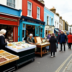 Portobello Road Market Scene**

"A bustling scene at Portobello Road Market in Notting Hill, London. Antique stalls overflowing with vintage items, colorful street food vendors, and local artists displaying their work. Shoppers in modest, everyday clothing browse the stalls. Background includes the iconic colorful buildings of Notting Hill. Professional photography, bright daylight, perfect anatomy, correct proportions, well-formed hands, proper finger count, natural body proportions, safe for work, appropriate content, fully clothed, family-friendly."

**
