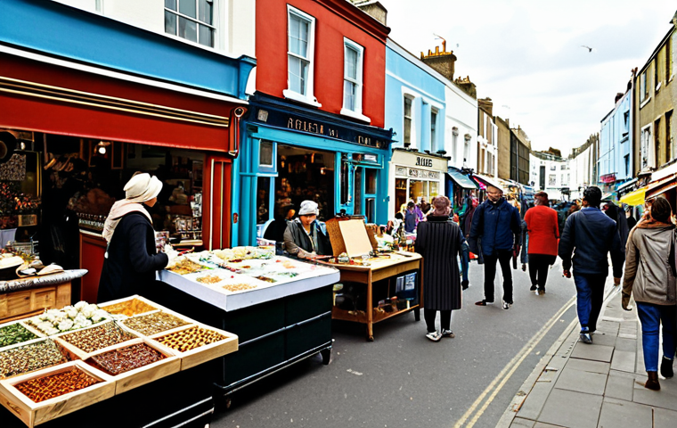 Portobello Road Market Scene**
"A bustling scene at Portobello Road Market in Notting Hill, London. Antique stalls overflowing with vintage items, colorful street food vendors, and local artists displaying their work. Shoppers in modest, everyday clothing browse the stalls. Background includes the iconic colorful buildings of Notting Hill. Professional photography, bright daylight, perfect anatomy, correct proportions, well-formed hands, proper finger count, natural body proportions, safe for work, appropriate content, fully clothed, family-friendly."
**